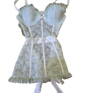 Victoria's Secret 34C apron BABYDOLL S WHITE lace BLUE crystallized Bridal I DO,